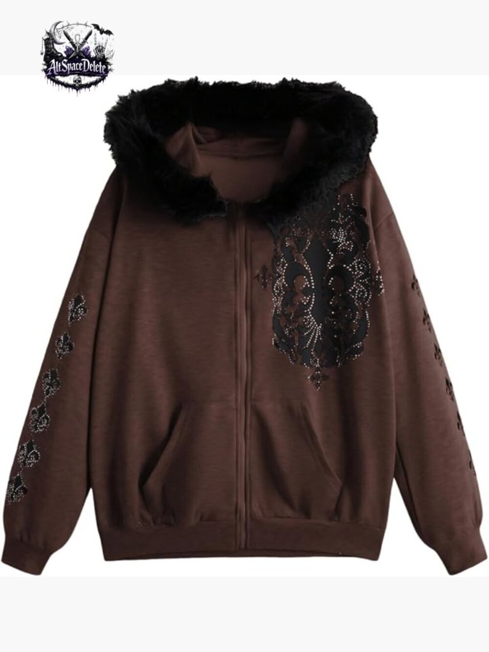 Women's Zip Up Hoodie with Faux Fur Collar Graphic Rhinestone Streetwear